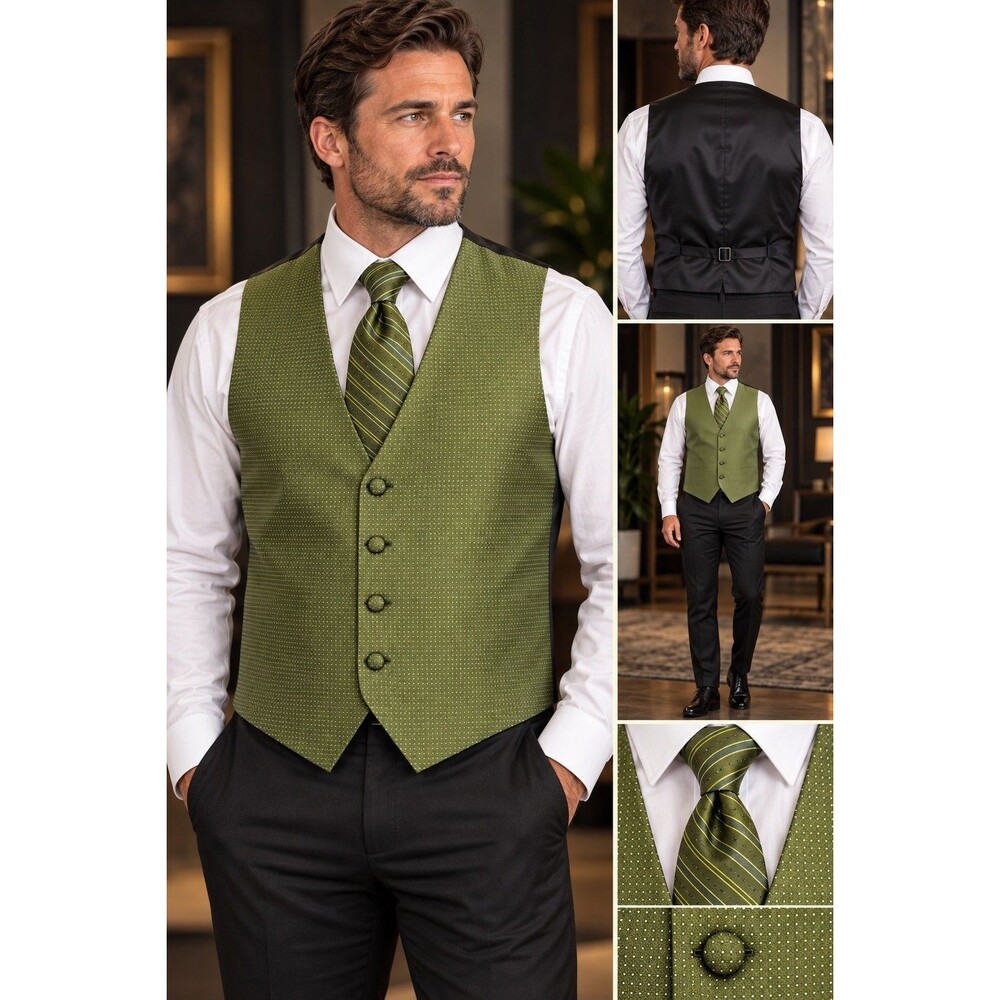 Jean Yves Paris Mens L Green Formal Vest & Tie Set Made USA Wedding Tuxedo